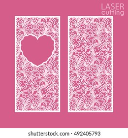 Die cut ornamental panel with pattern and a frame in the form of heart for brochures, wedding invitations or congratulations on Valentine's Day. May be use for laser cutting wood and metal.