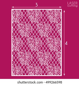 Die cut ornamental panel with pattern of roses. May be use for laser cutting. Lazer cut card. Silhouette pattern. Cutout paperwork. Cabinet fretwork panel. Lasercut metal panel. Wood carving.