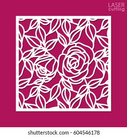 Die cut ornamental panel with pattern of roses and leaves. May be use for laser cutting. Lazer cut card. Silhouette pattern. Cutout paperwork. Cabinet fretwork metal or wood panel. 