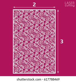 Die cut ornamental panel with pattern of roses. May be use for laser cutting. Lazer cut card. Silhouette pattern. Cutout paperwork. Cabinet fretwork panel. Lasercut metal panel. Wood carving.