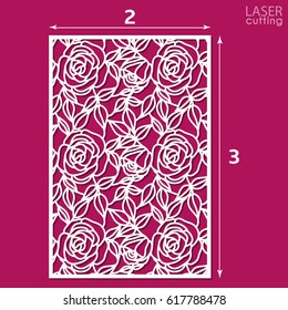 Die cut ornamental panel with pattern of roses. May be use for laser cutting. Lazer cut card. Silhouette pattern. Cutout paperwork. Cabinet fretwork panel. Lasercut metal panel. Wood carving.