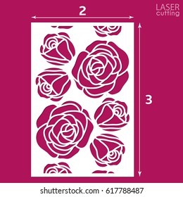 Die cut ornamental panel with pattern of roses. May be use for laser cutting. Lazer cut card. Silhouette pattern. Cutout paperwork. Cabinet fretwork panel. Lasercut metal panel. Wood carving.