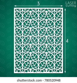 Die cut ornamental panel with pattern of leaves. May be use for laser cutting. Lazer cut card. Silhouette pattern. Cutout paperwork. Cabinet fretwork screen. Lasercut metal panel. Wood carving.