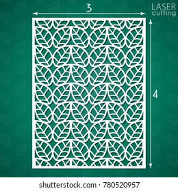 Die cut ornamental panel with pattern of leaves. May be use for laser cutting. Lazer cut card. Silhouette pattern. Cutout paperwork. Cabinet fretwork screen. Lasercut metal panel. Wood carving.