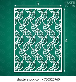 Die cut ornamental panel with pattern of leaves. May be use for laser cutting. Lazer cut card. Silhouette pattern. Cutout paperwork. Cabinet fretwork screen. Lasercut metal panel. Wood carving.