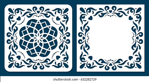 Die cut ornamental set of square panels with pattern of heart for brochures, wedding invitations or congratulations on Valentine's Day. May be use for laser cutting wood, paper or metal.