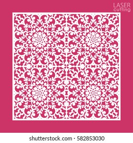 Die cut ornamental square panel with pattern. May be use for laser cutting. Lazer cut card. Silhouette pattern. Cutout paperwork. Cabinet fretwork panel. Lasercut metal panel. Wood carving.