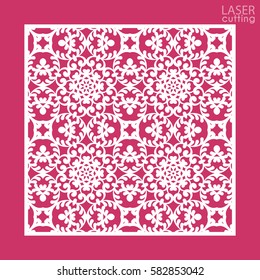 Die cut ornamental square panel with pattern. May be use for laser cutting. Lazer cut card. Silhouette pattern. Cutout paperwork. Cabinet fretwork panel. Lasercut metal panel. Wood carving.