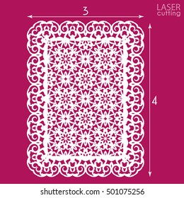 Die cut ornamental wedding invitation card template with lace border. Cut out paper card with openwork pattern. Vintage ornamental panel for cutting Vector.