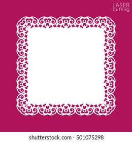 Die cut ornamental wedding invitation card template with lace border. Cut out paper card with openwork pattern. Vintage frame for text or photo. Vector.