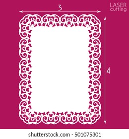 Die cut ornamental wedding invitation card template with lace border. Cut out paper card with openwork pattern. Vintage frame for text or photo. Vector.