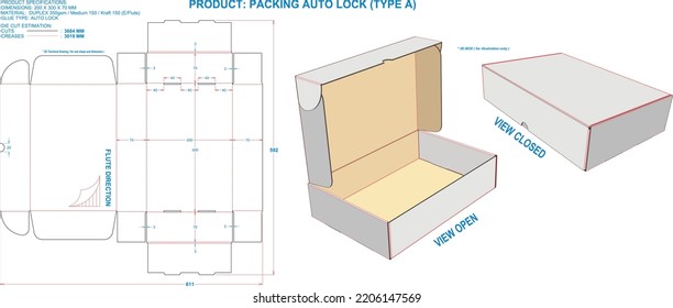 Die Cut Packaging: Box Packing Auto Lock (A) EF. Dimensions: 200 x 300 x 70 mm (File Eps scale 1:1). 2D: real illustrations. 3D: illustration only. Equipped die cut estimates prepared for production.