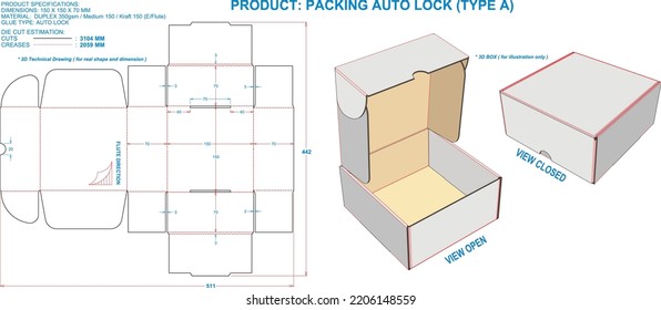 Embalaje de corte por muerte: Caja Empaquetado Auto Lock (A) EF. Dimensiones: 150 x 150 x 70 mm (escala 1:1 del archivo Eps). 2D: ilustraciones reales. 3D: sólo en la ilustración. Estimaciones de tala de tala preparadas para la producción.