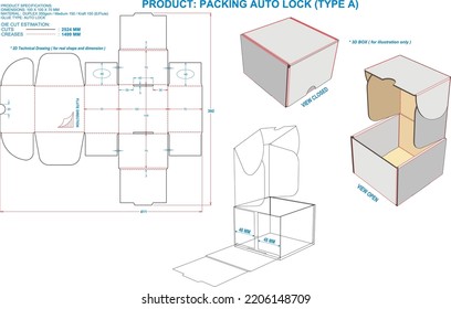 Die Cut Packaging: Box Packing Auto Lock (A) EF. Dimensions: 100 x 100 x 70 mm (File Eps scale 1:1). 2D: real illustrations. 3D: illustration only. Equipped die cut estimates prepared for production.