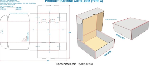 Die Cut Packaging: Box Packing Auto Lock (A) EF. Dimensions: 200 x 200 x 70 mm (File Eps scale 1:1). 2D: real illustrations. 3D: illustration only. Equipped die cut estimates prepared for production.