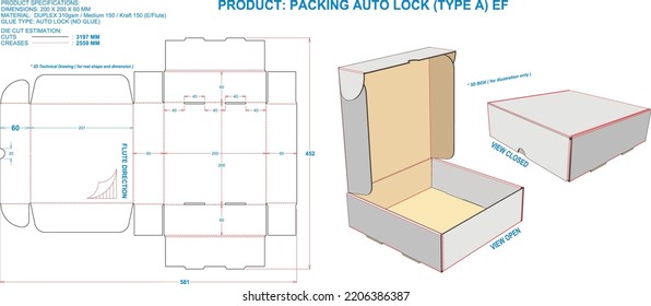 Die Cut Packaging: Box Packing Auto Lock (A) EF. Dimensions: 200 x 200 x 60 mm (File Eps scale 1:1). 2D: real illustrations. 3D: illustration only. Equipped die cut estimates prepared for production.