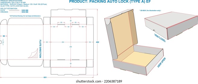 Die Cut Packaging: Box Packing Auto Lock (A) EF. Dimensions: 250 x 250 x 50 mm (File Eps scale 1:1). 2D: real illustrations. 3D: illustration only. Equipped die cut estimates prepared for production.