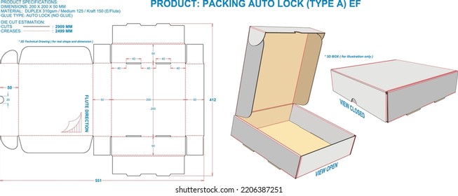 Die Cut Packaging: Box Packing Auto Lock (A) EF. Dimensions: 200 x 200 x 50 mm (File Eps scale 1:1). 2D: real illustrations. 3D: illustration only. Equipped die cut estimates prepared for production.