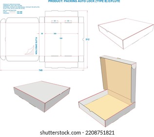 Die Cut Packaging: Box Packing Auto Lock (B) EF. Dimensions: 300 x 300 x 50 mm (File Eps scale 1:1). 2D: real illustrations. 3D: illustration only. Equipped die cut estimates prepared for production.