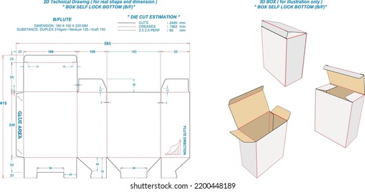 Die cut packaging: Box Self Lock Bottom BF. 2D TD: real illustrations. 3D Box: illustration only. Dimension: 180 x 100 x 220 mm (File Eps scale 1:1) equipped die cut estimates prepared for production.