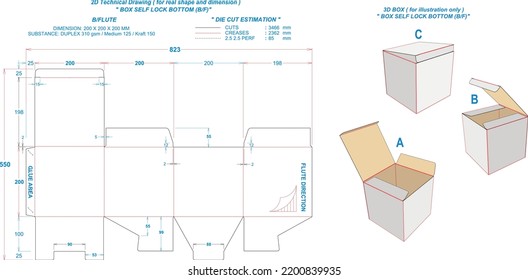 Die cut packaging: Box Self Lock Bottom BF. 2D TD: real illustrations. 3D Box: illustration only. Dimension: 200 x 200 x 200 mm (File Eps scale 1:1) equipped die cut estimates prepared for production.