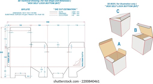 Die cut packaging: Box Self Lock Bottom BF. 2D TD: real illustrations. 3D Box: illustration only. Dimension: 150 x 120 x 140 mm (File Eps scale 1:1) equipped die cut estimates prepared for production.