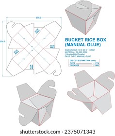 Die cut packaging: Bucket Rice Box Manual Glue. 2D TD: Real illustrations. 3D Box: illustration only. Dimension: 90x90x110 mm (File Eps scale 1:1) equipped die cut estimates prepared for production.