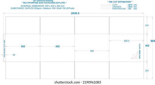 Die cut packaging layout: Multipurpose Box Packaging (2d technical drawing). Internal dimension: 500 x 500 x 400 mm (File Eps scale 1:1) equipped die cut estimation prepared for production.