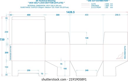 Die cut packaging layout: Self Lock Bottom Box E:Flute (2d technical drawing). Internal dimension: 300 x 300 x 300 mm (File Eps scale 1:1) equipped die cut estimation prepared for production.