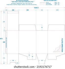 Die cut packaging layout: Self Lock Bottom Box E:Flute (2d technical drawing). Internal dimension: 200 x 300 x 400 mm (File Eps scale 1:1) equipped die cut estimation prepared for production.