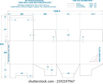 Die cut packaging layout: Self Lock Bottom Box E:Flute (2d technical drawing)  Internal dimension: 300 x 300 x 300 mm (File Eps scale 1:1) equipped die cut estimation prepared for production 