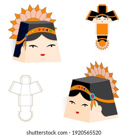 Die Cut Packaging. Model Gift Box of American Indian Girl in National Headdress for Sweets, Baked Goods, Surprises. Restaurant Takeaway, Mexican Snack Packing, Lunch. Ready Laser Cutting Template.