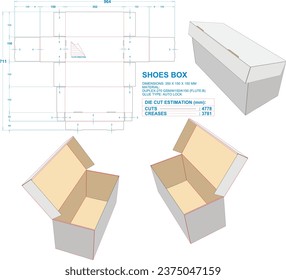 Embalaje de corte por muerte: Caja de zapatos. 2D TD: Verdaderas ilustraciones. Caja 3D: sólo en la ilustración. Dimensión: 350 x 150 x 150 mm (escala de Fichero Eps 1:1) de corte de taladro equipado preparado para la producción.