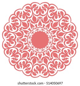 Die cut paper card with cutout mandala ornament. Round pattern, lacy template for laser cutting