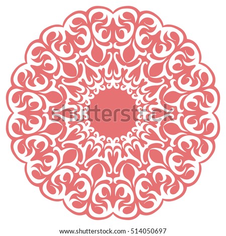 Die cut paper card with cutout mandala ornament. Round pattern, lacy template for laser cutting