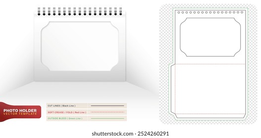 Plantillas de papel en blanco de encuadernación en espiral del sostenedor de la foto del troquel aisladas para sus diseños, marca del empaquetado, diseños únicos del compartimiento del producto, tenedor conceptual minimalista, paquetes de la papelería, maqueta 3D