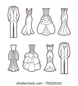 Die cut silhouettes of Wedding royal dresses and masculine suits. Cutout elegant Bride and Groom shapes. Romantic cliparts are suitable for greeting cards, announcements, scrapbooking.