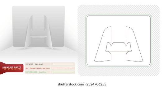 Die cut standing photo holder template for laser cutting machines, Lateral view of a chair on a white background for packaging branding, product compartment unique design, minimalist conceptual holder