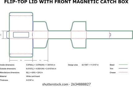Projeto de modelo de corte de morrer de caixa de tampa superior com fechamento de captura magnético frontal detalhes