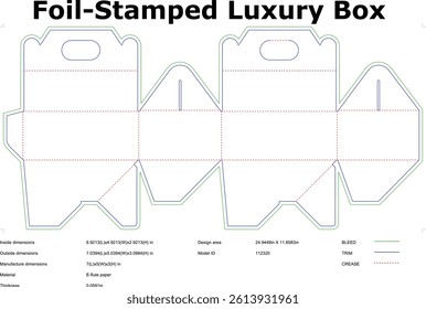 Die Cut Template Of Foil Stamped Luxury Box Packaging With Bleed Trim And Crease Lines For Graphic Design And Production