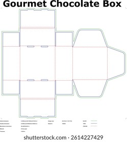 Die cut template for gourmet chocolate box packaging design with bleed trim and crease lines ready for production