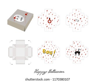 Die Cut Template Pattern of Takeaway Carton Box Mock Up for Package Design with Jack-o-Lantern Pumpkins, Evil Spiders and Witch Poison Pot for Halloween Celebration Party.
