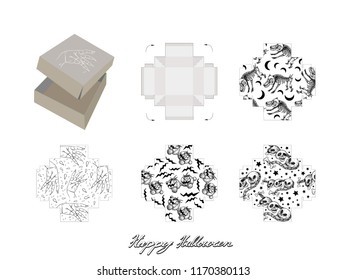 Die Cut Template Pattern of Takeaway Carton Box Mock Up for Package Design with Jack-o-Lantern Pumpkins, Evils and Monsters for Halloween Celebration Party.
