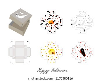 Die Cut Template Pattern of Takeaway Carton Box Mock Up for Package Design with Jack-o-Lantern Pumpkins, Ghost and Vampire for Halloween Celebration Party.
