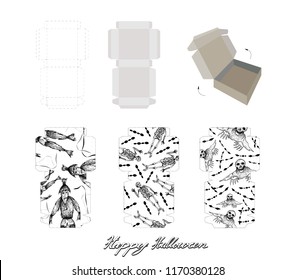 Die Cut Template Pattern of Takeaway Carton Box Mock Up for Package Design with Evil for Halloween Celebration Party.
