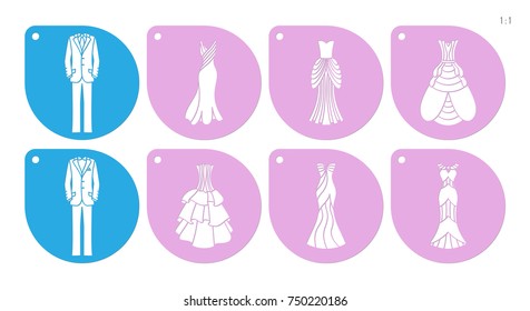 Die cut Wedding cake Stencils 7.4''HxW. Cutout elegant sheets with Dresses and Masculine suits. Bride and Groom Stencils are suitable as side decor and cake cloth for 
 Engagement, Bridal shower. 