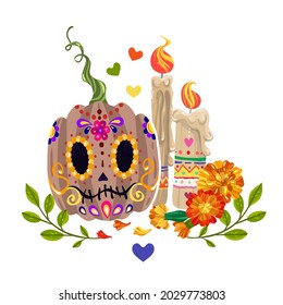 Die de los muertos. The day of the Dead, Mexican holiday, candles, pumpkins. Vector illustration, banner and card, print on t-shirt, handmade