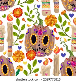 Die de los muertos. The day of the Dead, Mexican holiday, candles, pumpkins. Vector illustration, light  background, seamless pattern, handmade