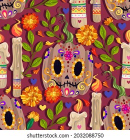 Die de los muertos. The day of the Dead, Mexican holiday, candles, pumpkins. Vector illustration, dark background, seamless pattern, handmade