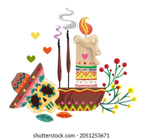 Die de los muertos. The day of the Dead. Mexican holiday. Vector illustration, festival, print on t-shirt, banner and card, handmade